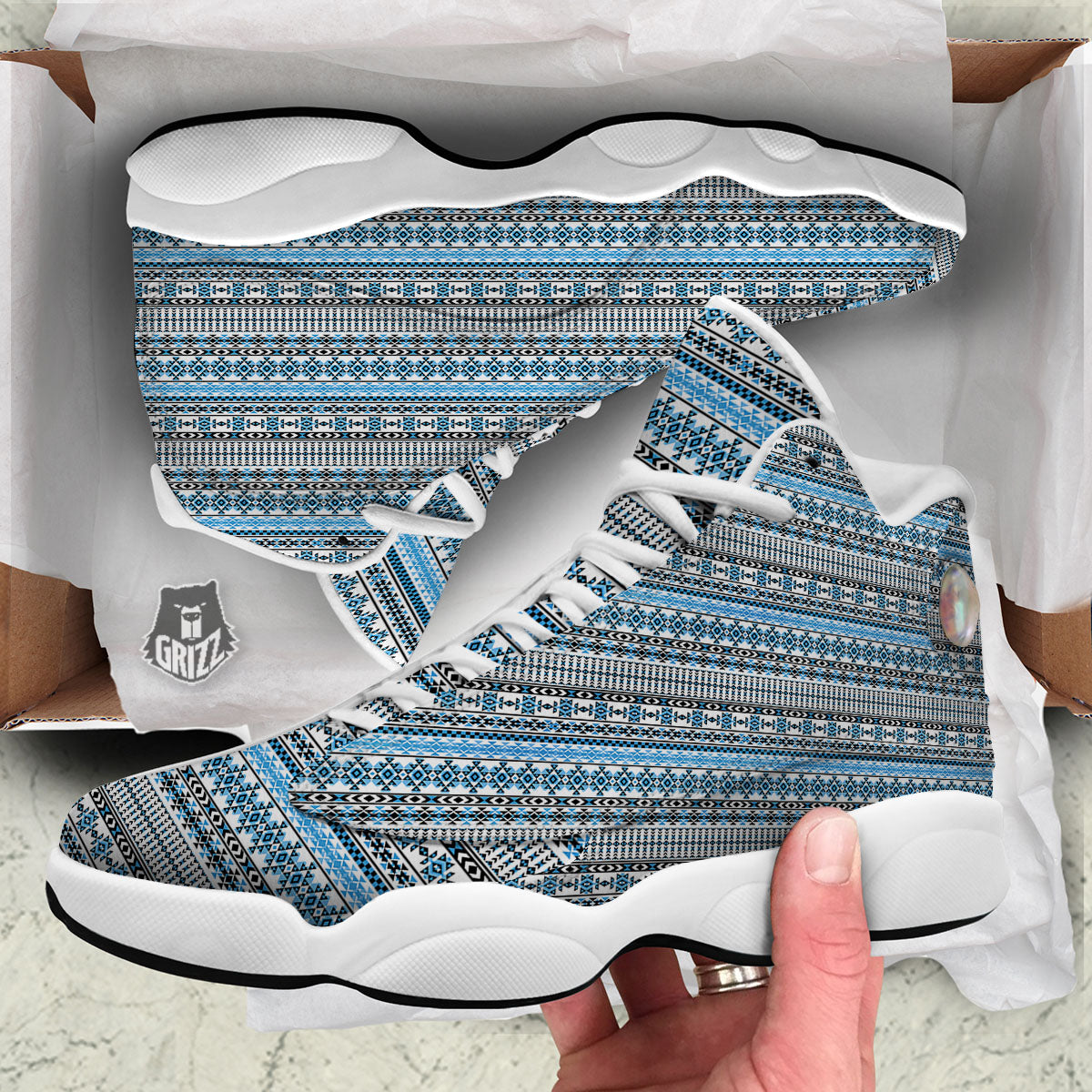 American Aztec Blue Native Print Pattern White Basketball Shoes-grizzshop