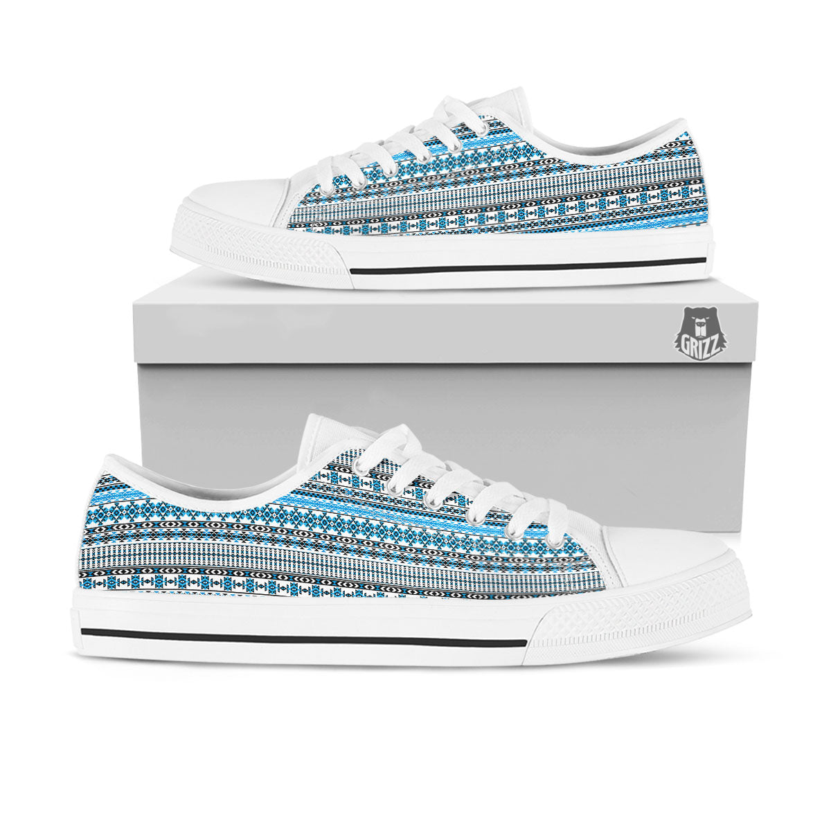 American Aztec Blue Native Print Pattern White Low Top Shoes-grizzshop