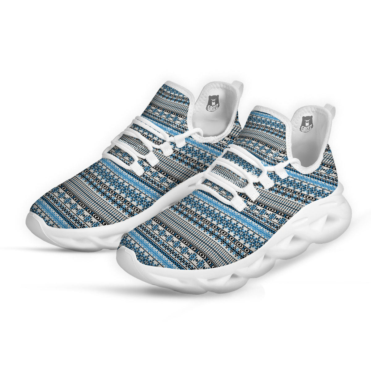 American Aztec Blue Native Print Pattern White Running Shoes-grizzshop