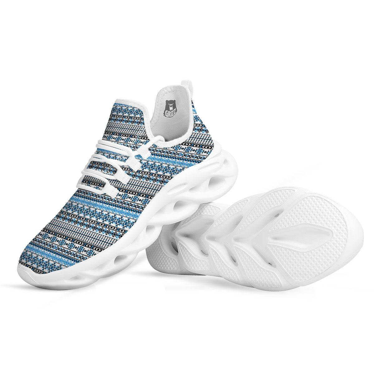 American Aztec Blue Native Print Pattern White Running Shoes-grizzshop