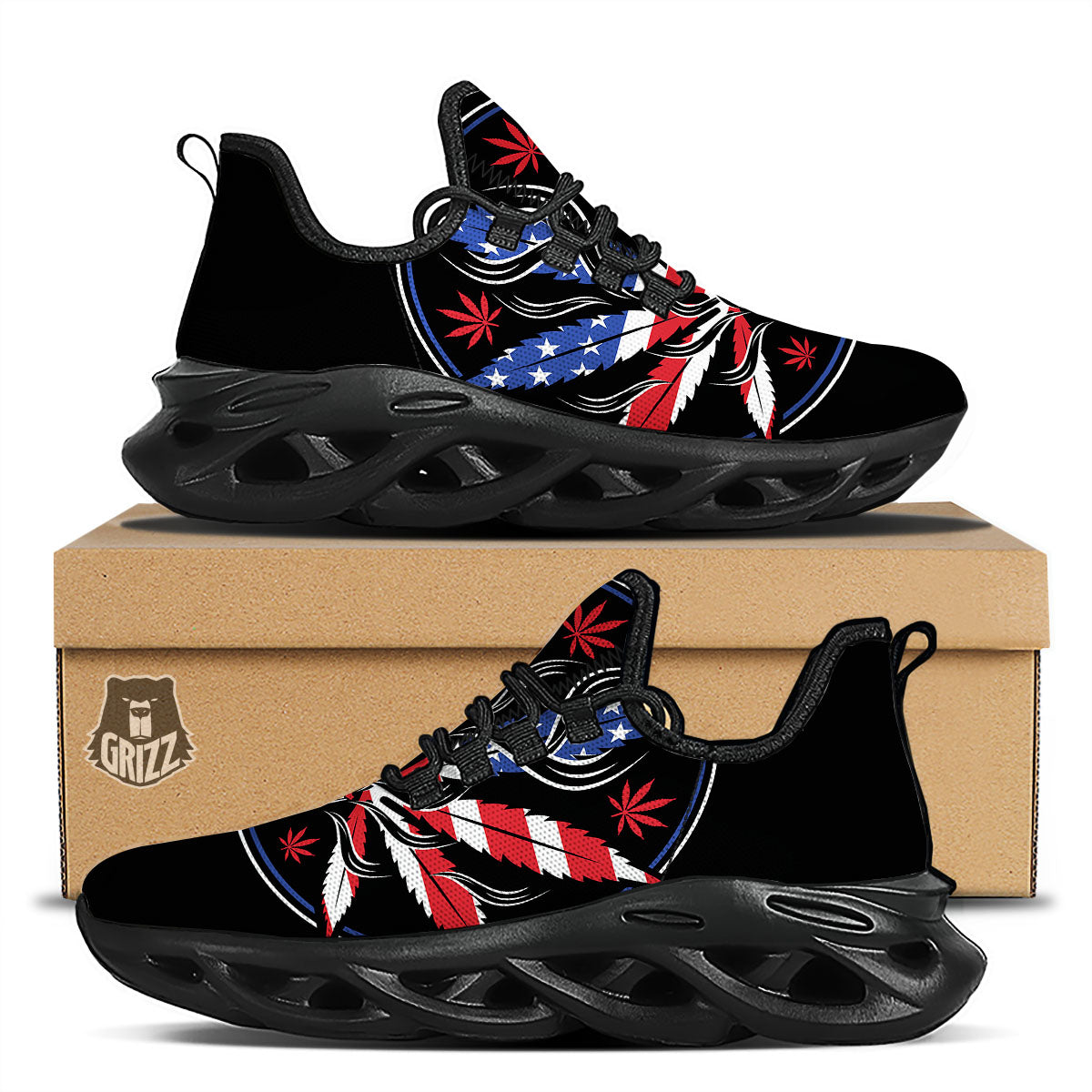 American Cannabis Leaf Flag Print Black Running Shoes-grizzshop