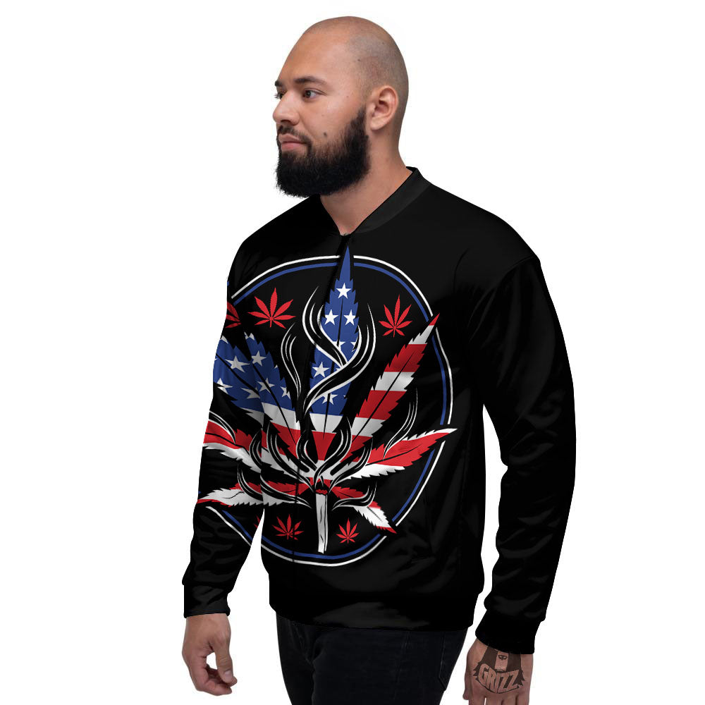 American Cannabis Leaf Flag Print Men's Bomber Jacket-grizzshop