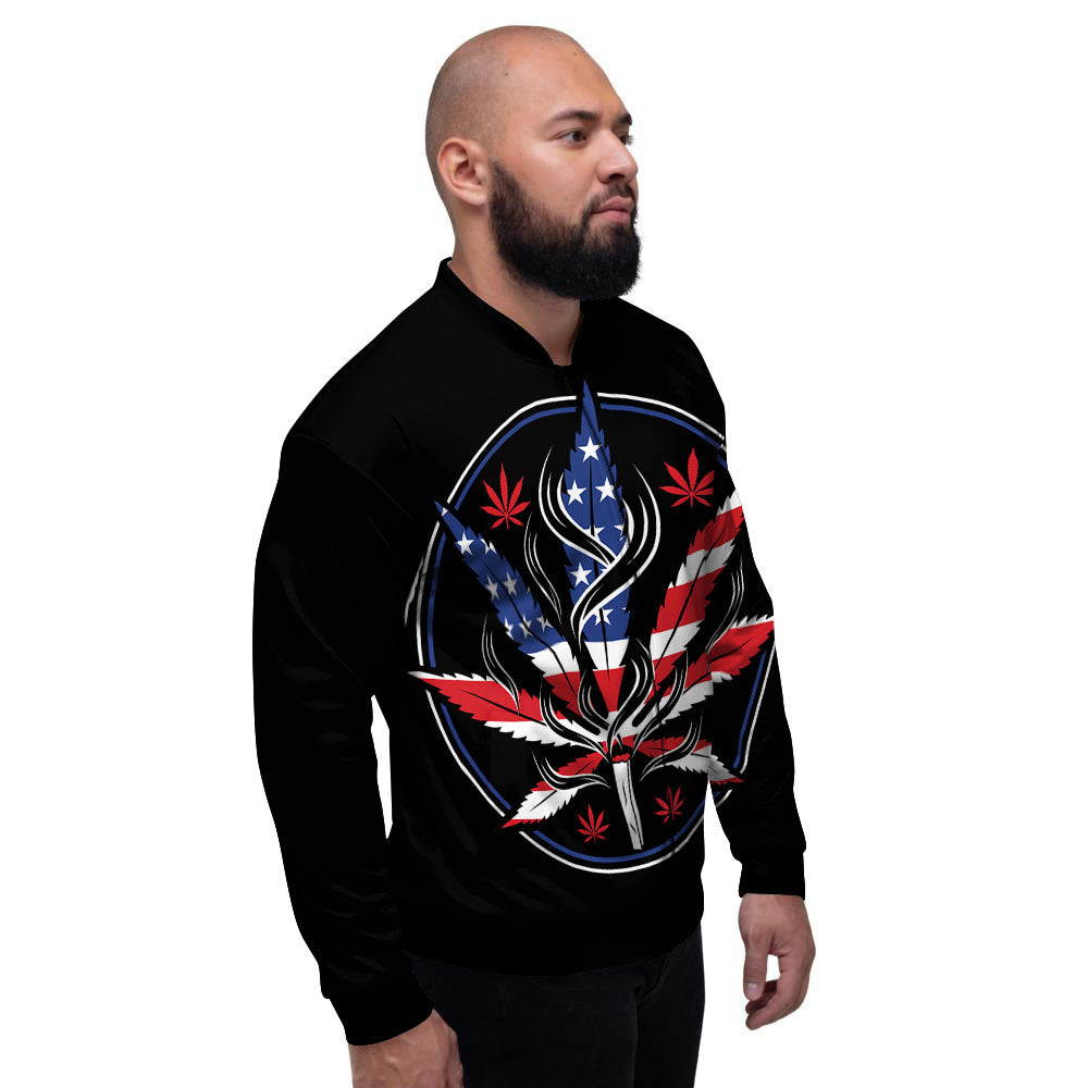 American Cannabis Leaf Flag Print Men's Bomber Jacket-grizzshop