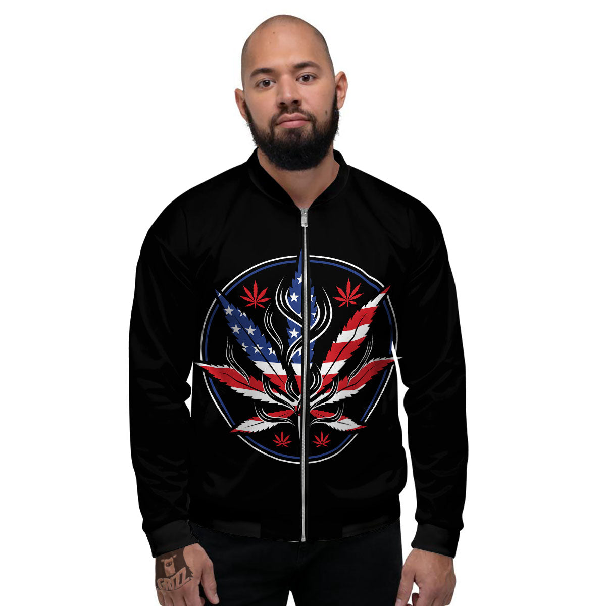 American Cannabis Leaf Flag Print Men's Bomber Jacket-grizzshop