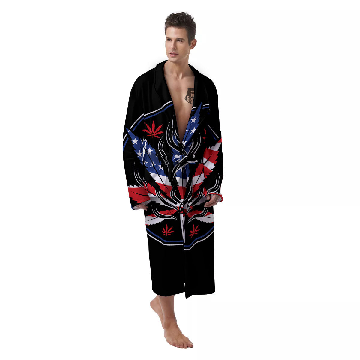 American Cannabis Leaf Flag Print Men's Robe-grizzshop