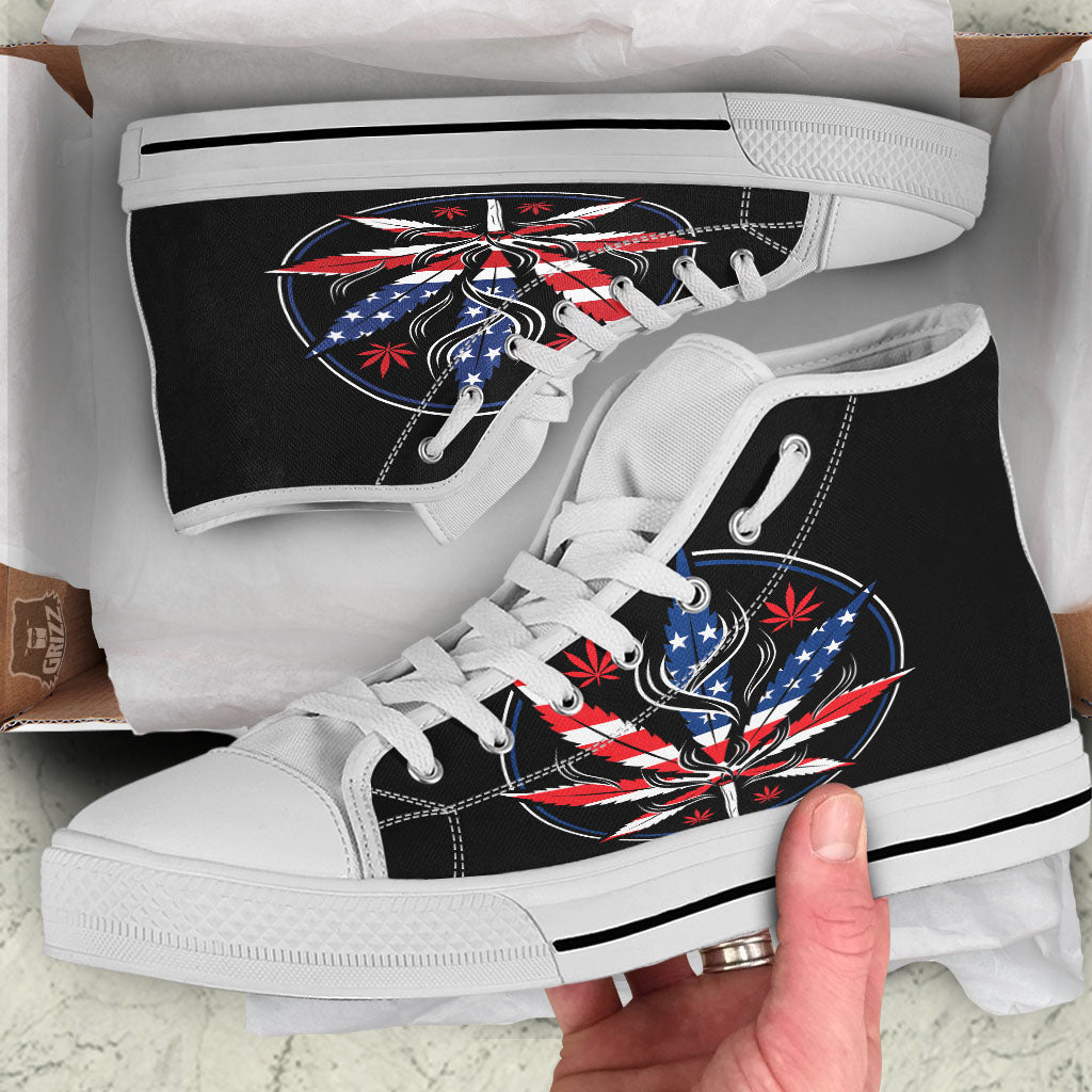 American Cannabis Leaf Flag Print White High Top Shoes-grizzshop