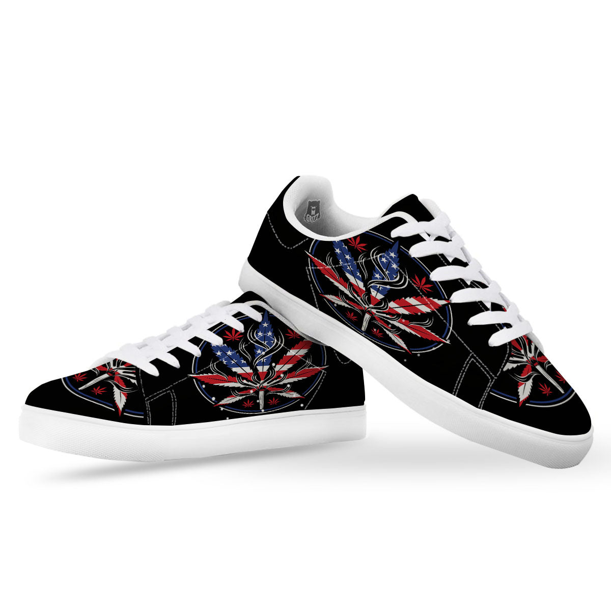 American Cannabis Leaf Flag Print White Low Top Sneakers-grizzshop