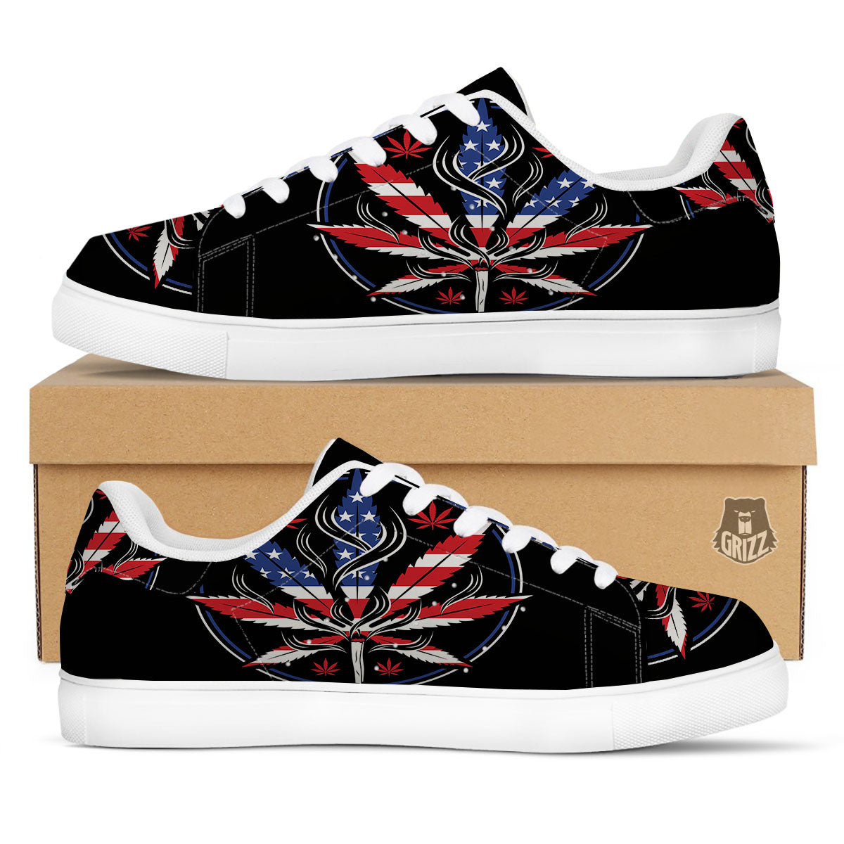 American Cannabis Leaf Flag Print White Low Top Sneakers-grizzshop
