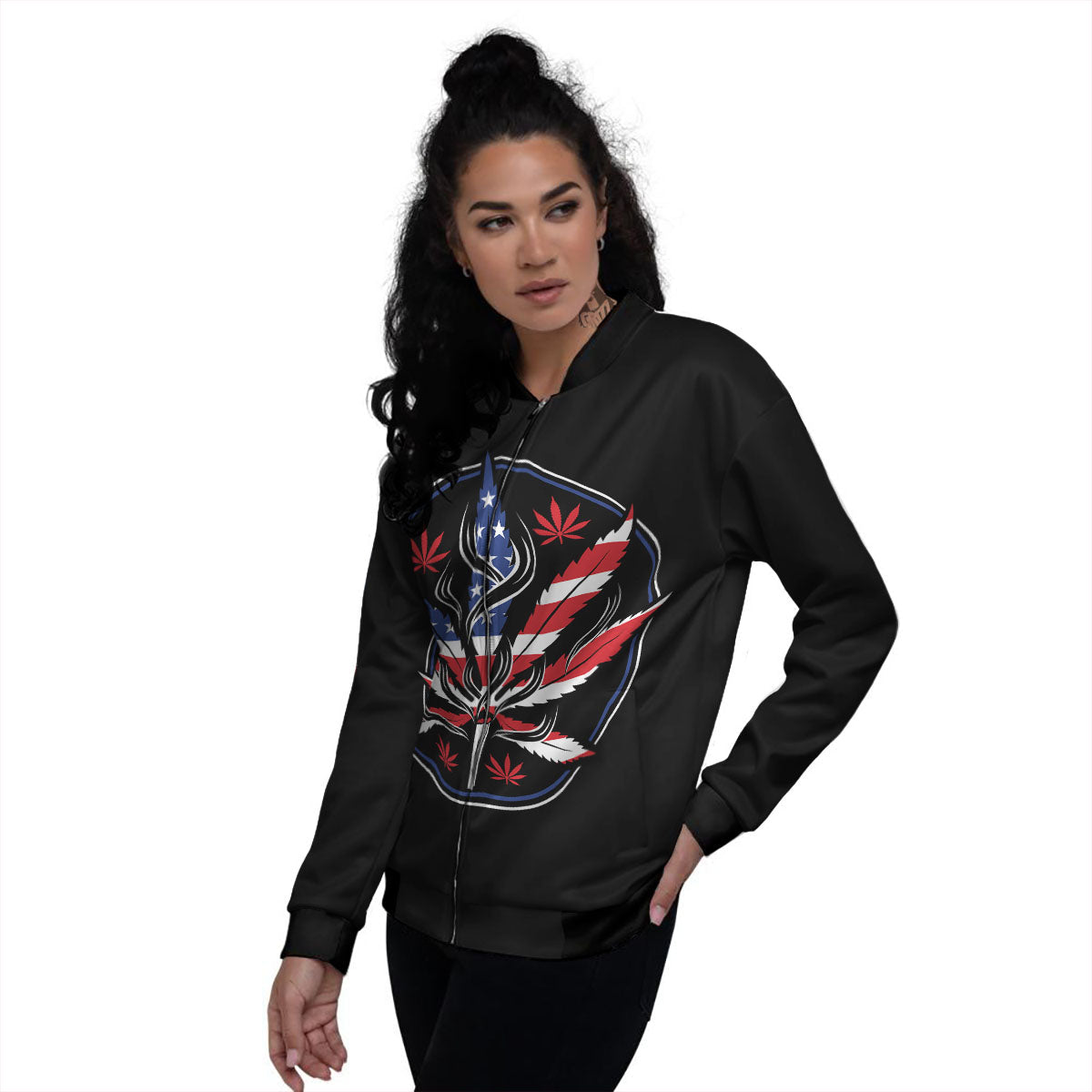 American Cannabis Leaf Flag Print Women's Bomber Jacket-grizzshop