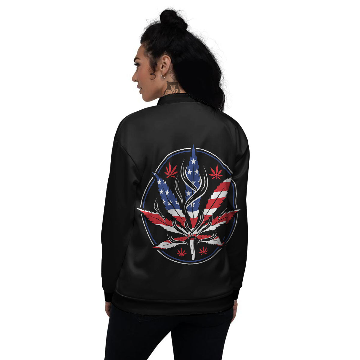 American Cannabis Leaf Flag Print Women's Bomber Jacket-grizzshop