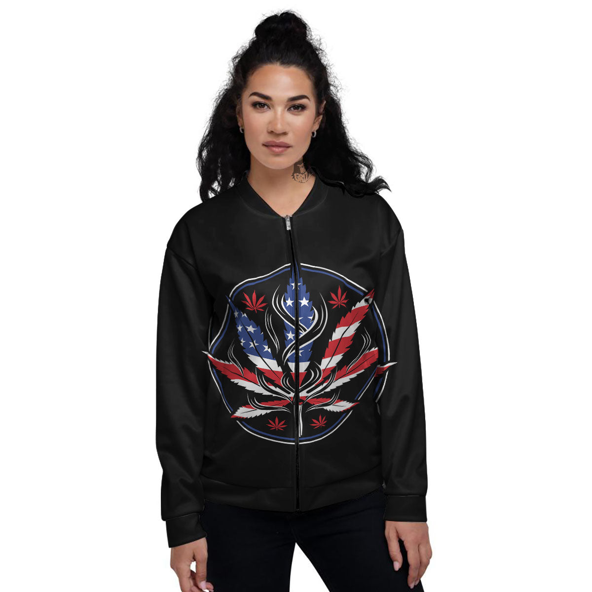 American Cannabis Leaf Flag Print Women's Bomber Jacket-grizzshop