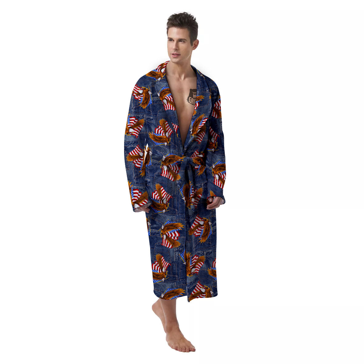 American Eagle Denim Print Pattern Men's Robe-grizzshop