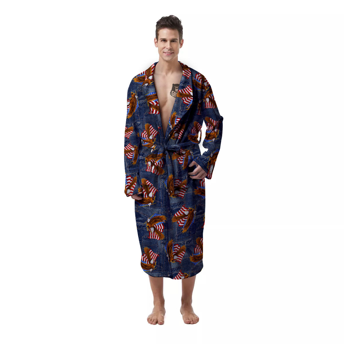 American Eagle Denim Print Pattern Men's Robe-grizzshop