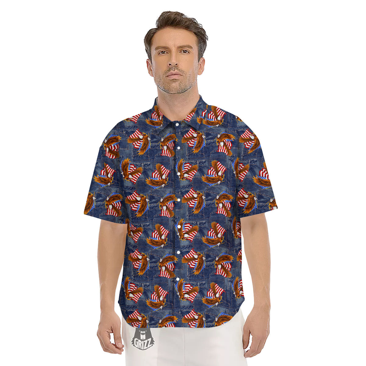 American Eagle Denim Print Pattern Men's Short Sleeve Shirts-grizzshop