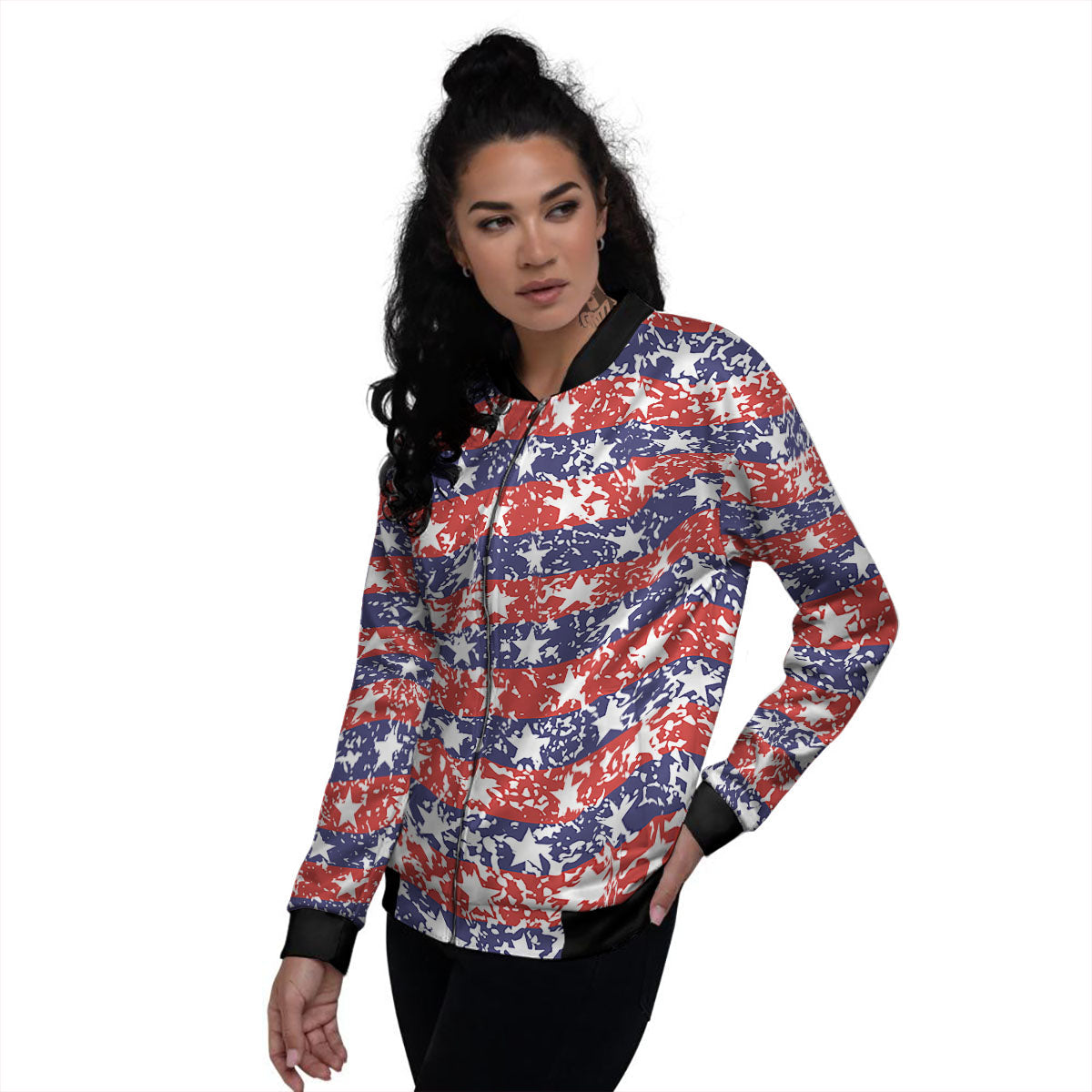 American Flag Abstract Print Women's Bomber Jacket-grizzshop