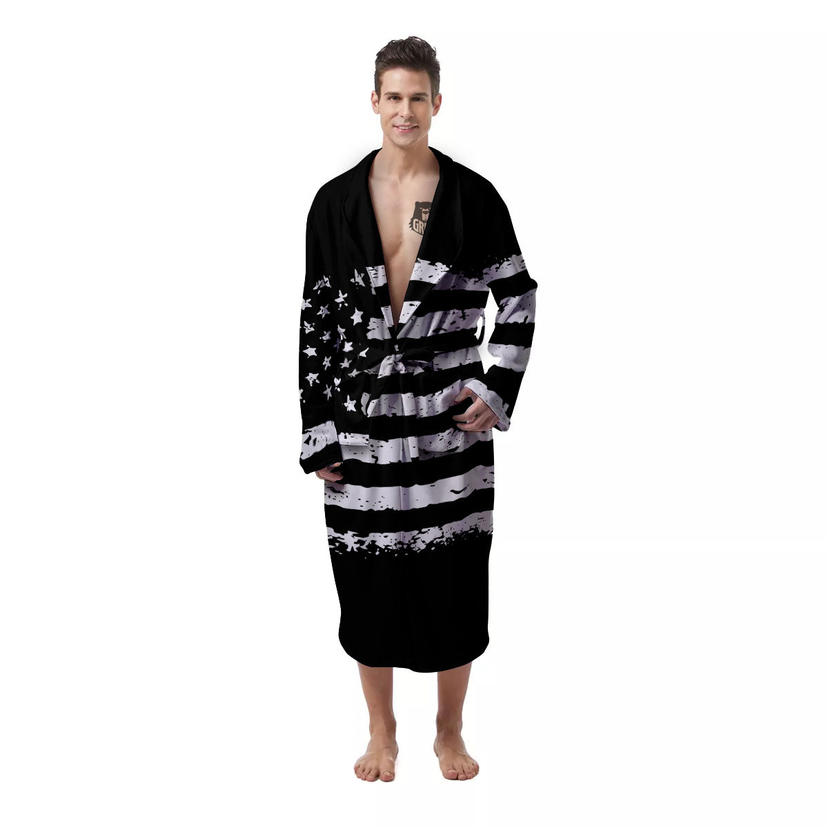 American Flag Black Print Men's Robe-grizzshop