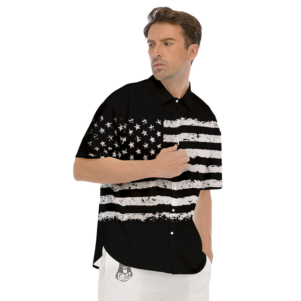 American Flag Black Print Men's Short Sleeve Shirts-grizzshop