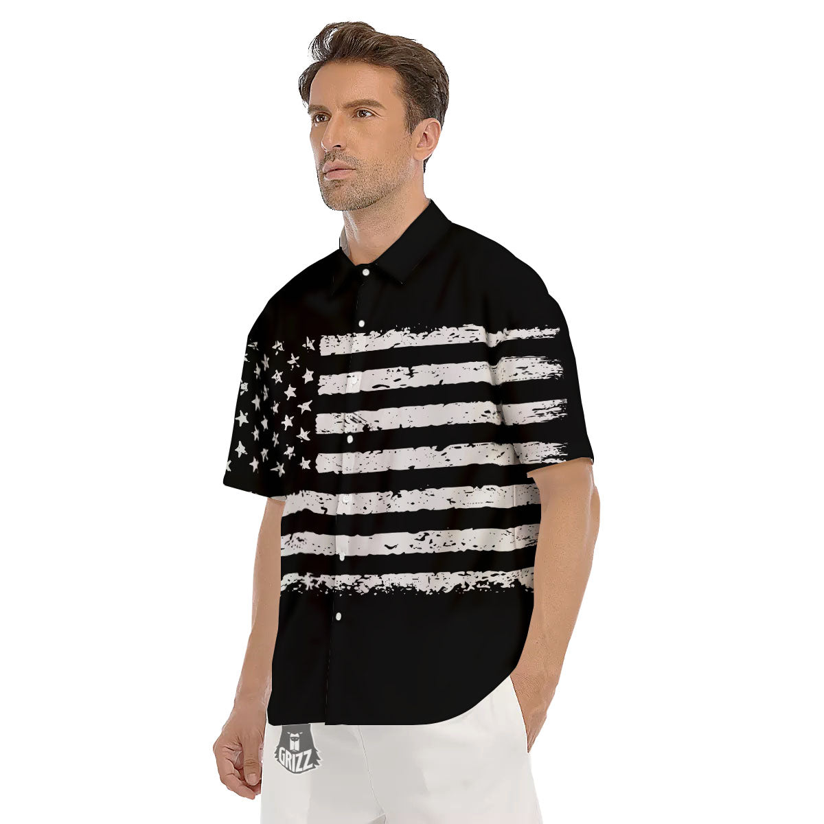 American Flag Black Print Men's Short Sleeve Shirts-grizzshop