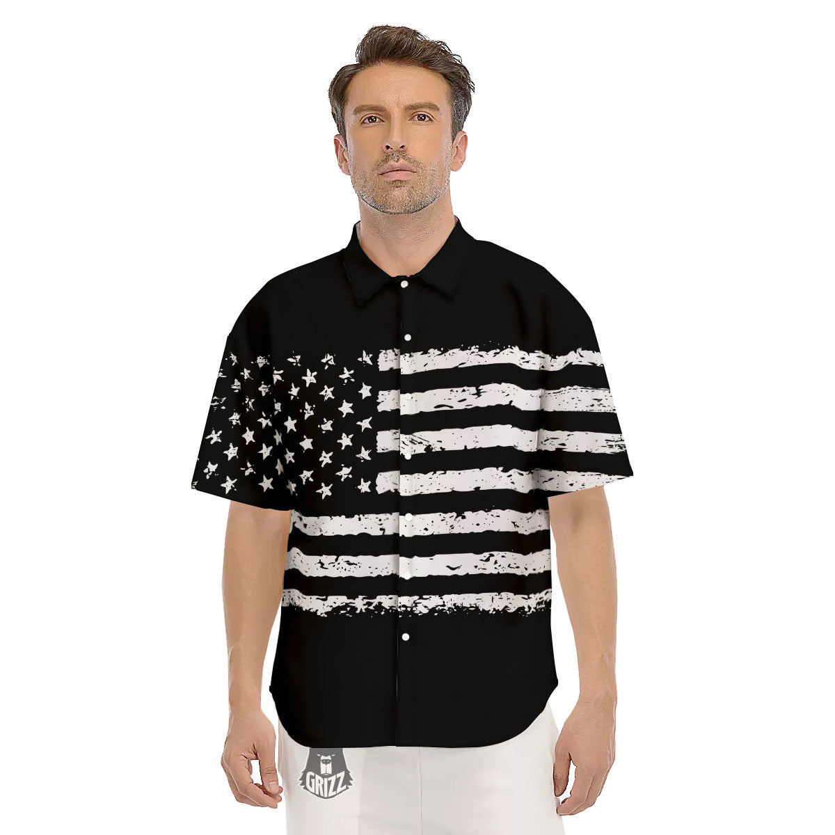 American Flag Black Print Men's Short Sleeve Shirts-grizzshop