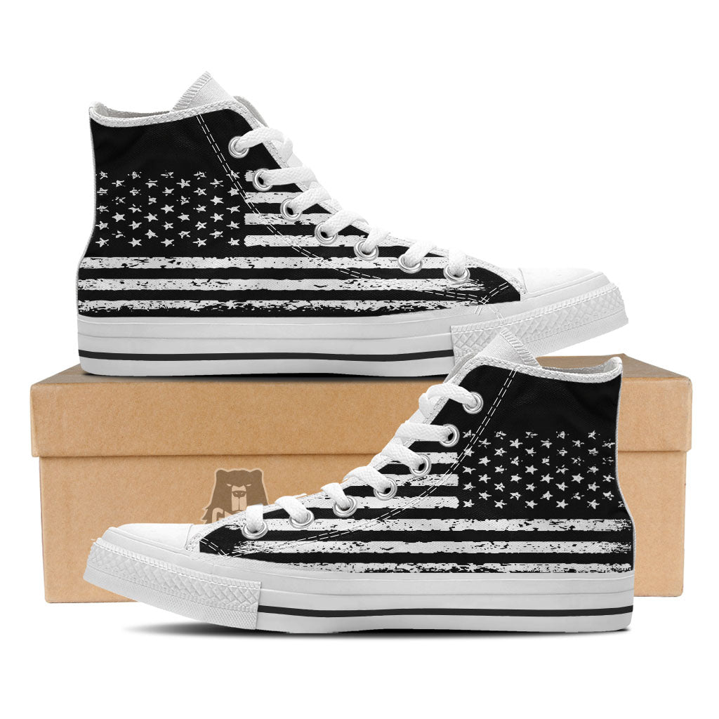 American Flag Black Print White High Top Shoes-grizzshop