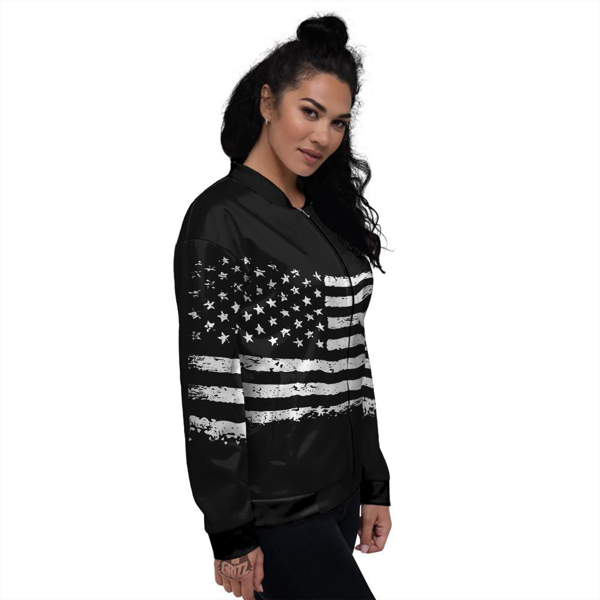 American Flag Black Print Women's Bomber Jacket-grizzshop