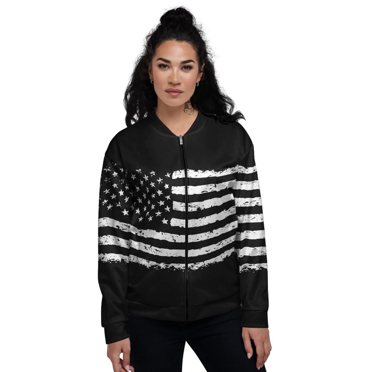 American Flag Black Print Women's Bomber Jacket-grizzshop