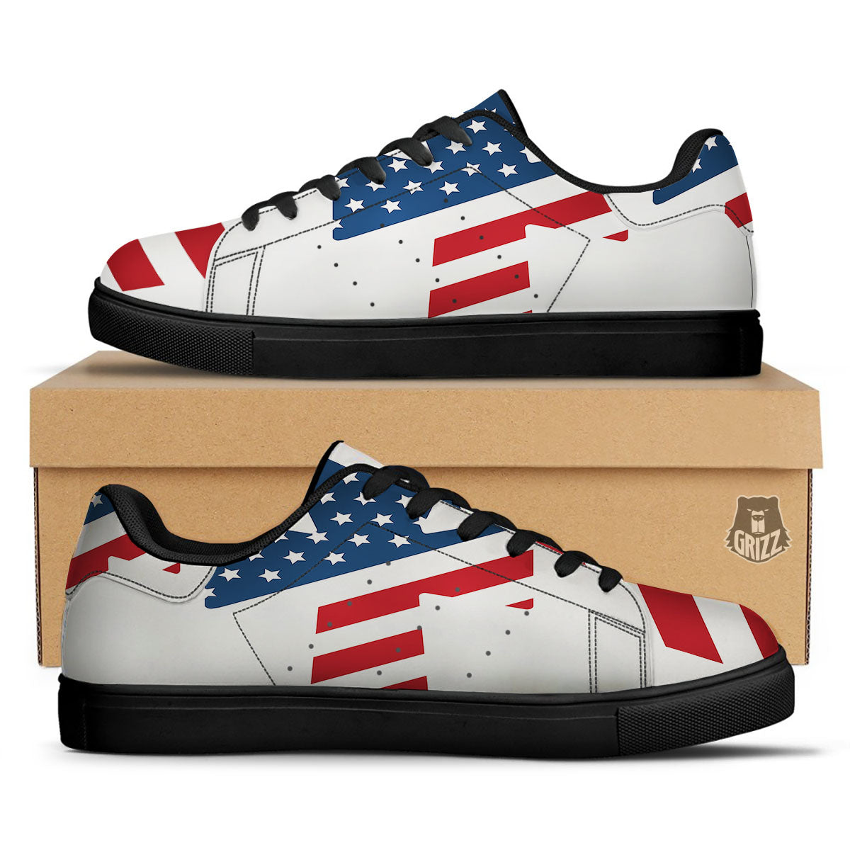 American Flag Christian Cross Print Black Low Top Sneakers-grizzshop