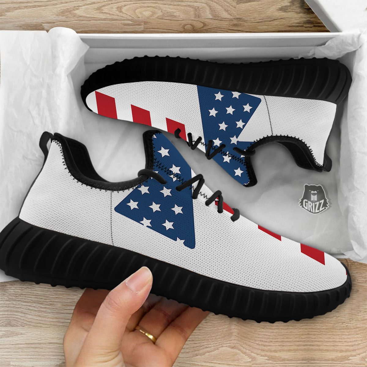 American Flag Christian Cross Print Black Walking Shoes-grizzshop