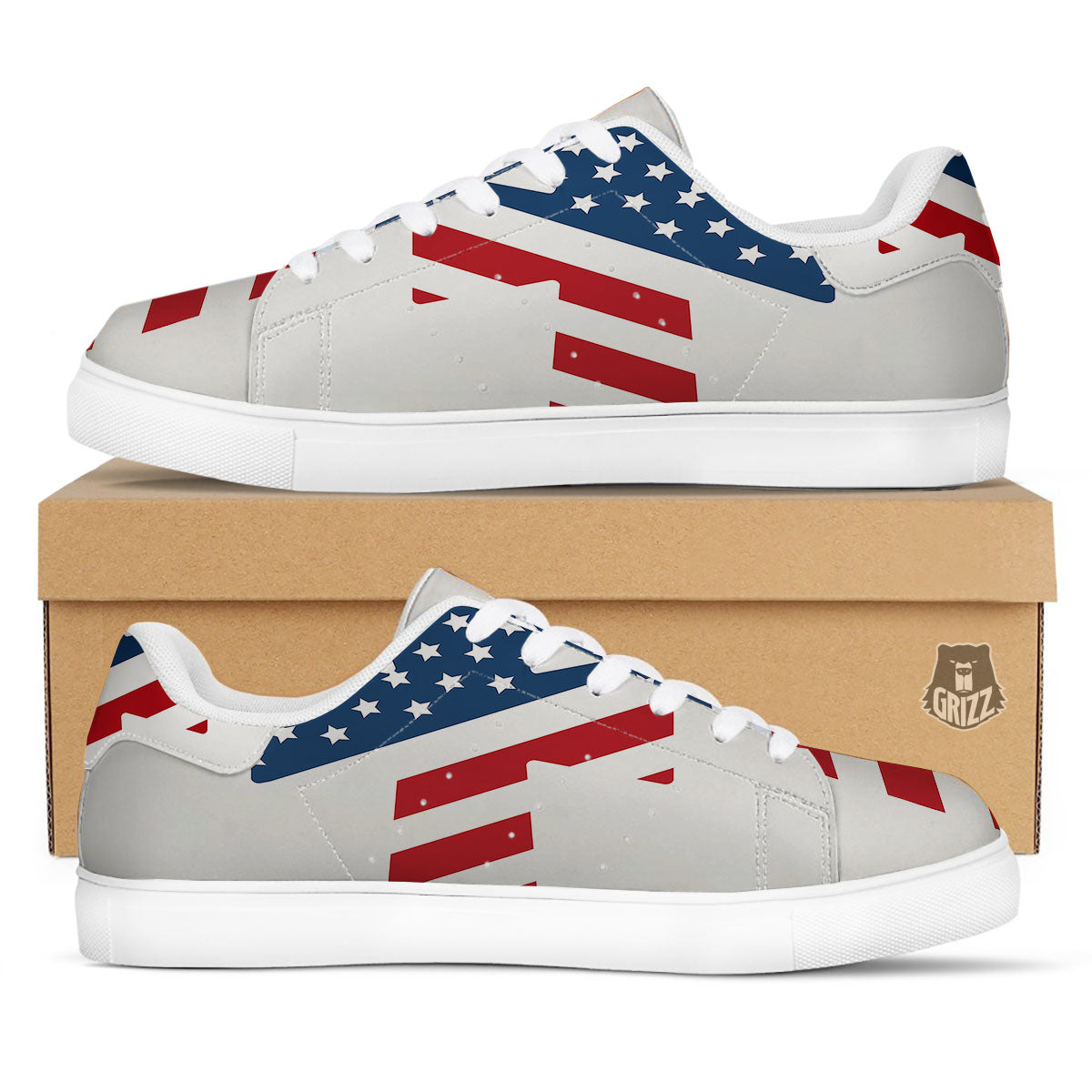 American Flag Christian Cross Print White Low Top Sneakers-grizzshop