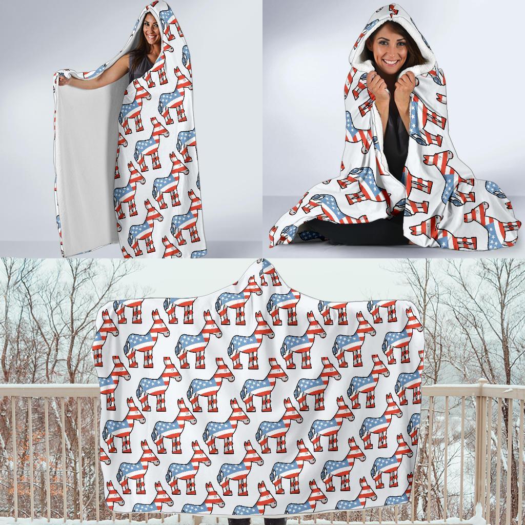 American Flag Donkey Pattern Print Hooded Blanket-grizzshop