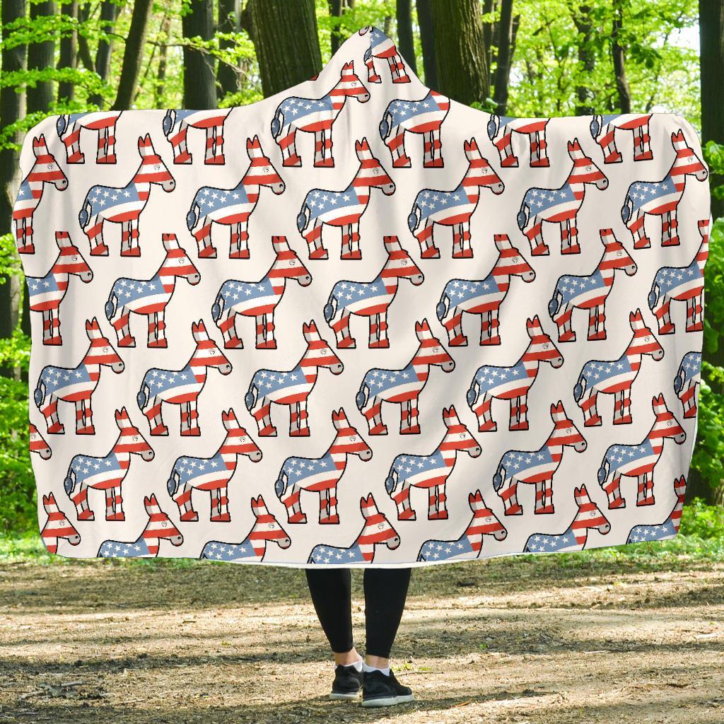 American Flag Donkey Pattern Print Hooded Blanket-grizzshop