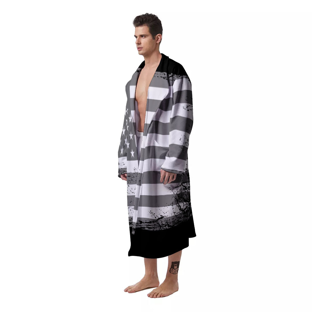 American Flag Grey Grunge Print Men's Robe-grizzshop