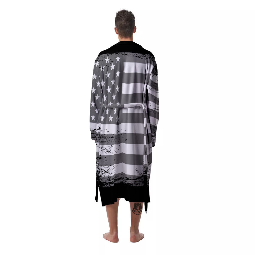 American Flag Grey Grunge Print Men's Robe-grizzshop