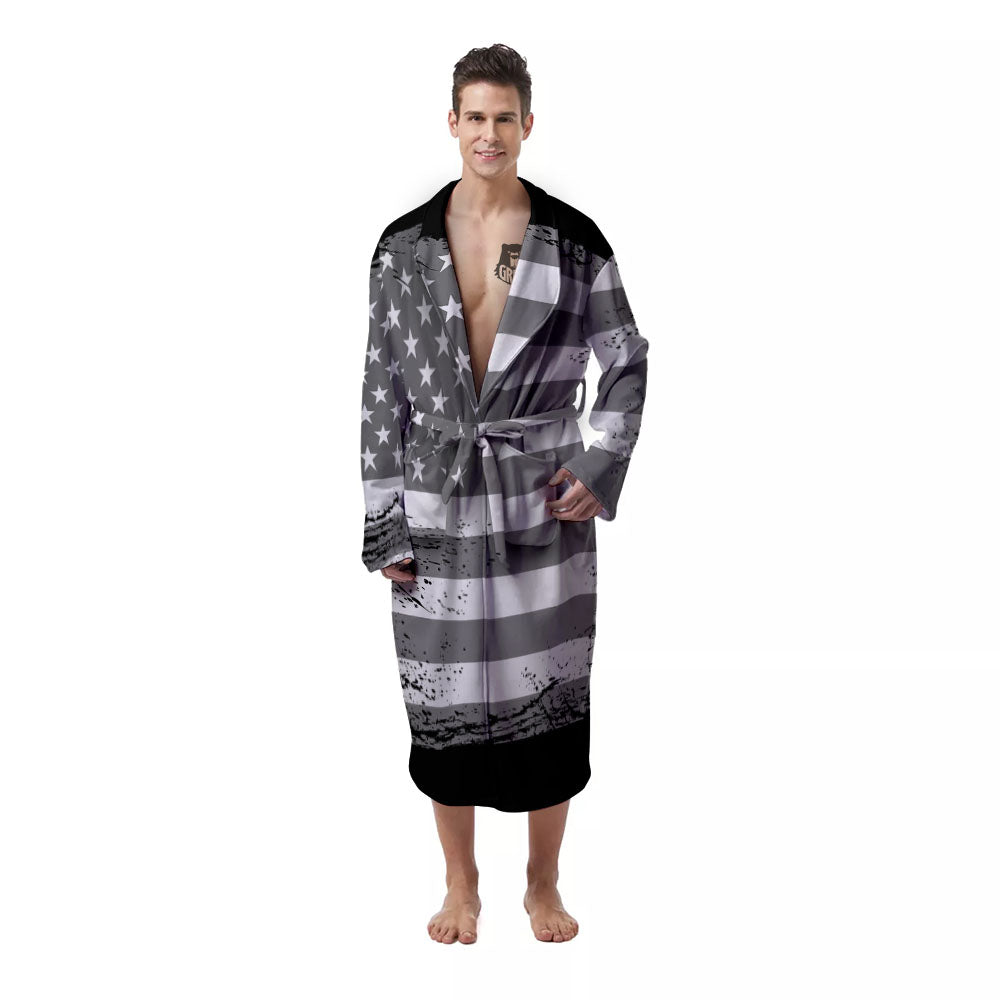 American Flag Grey Grunge Print Men's Robe-grizzshop