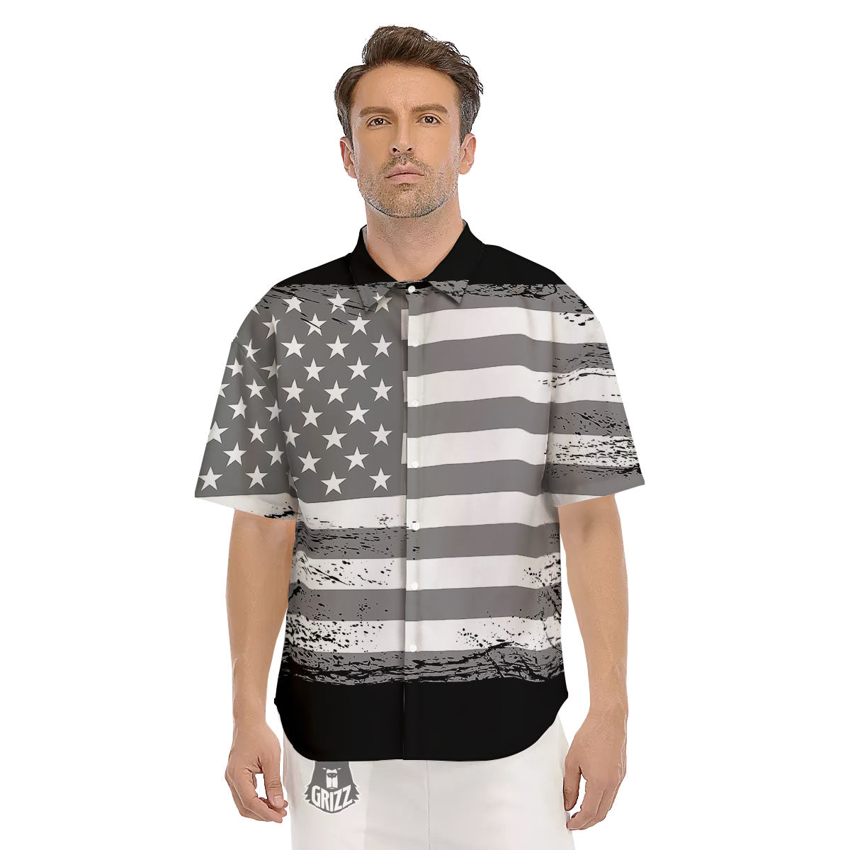 American Flag Grey Grunge Print Men's Short Sleeve Shirts-grizzshop