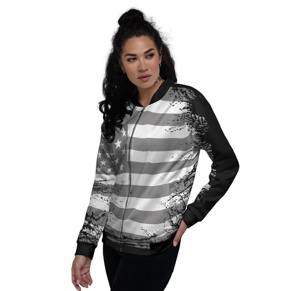 American Flag Grey Grunge Print Women's Bomber Jacket-grizzshop