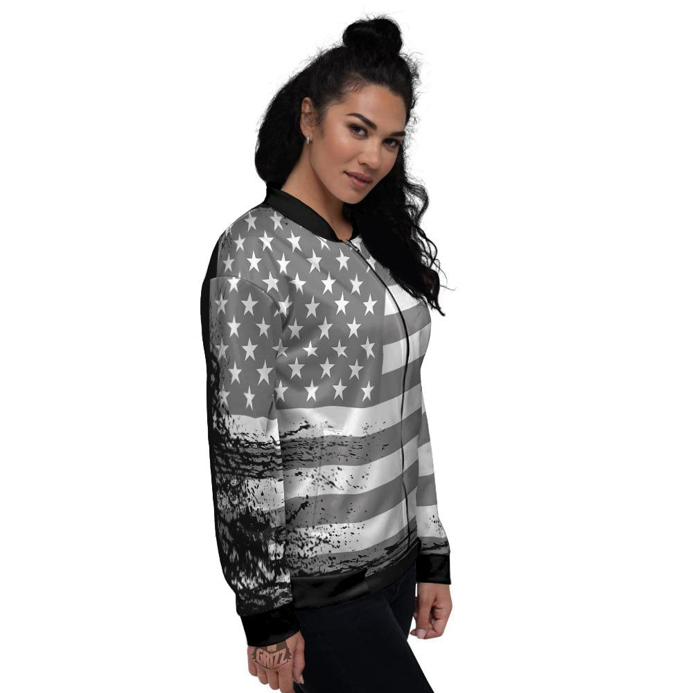 American Flag Grey Grunge Print Women's Bomber Jacket-grizzshop