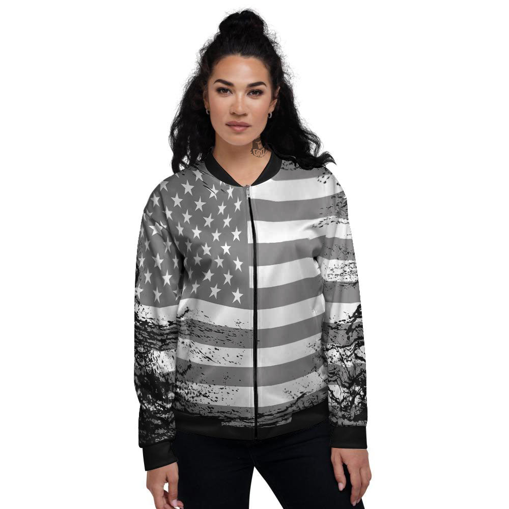 American Flag Grey Grunge Print Women's Bomber Jacket-grizzshop