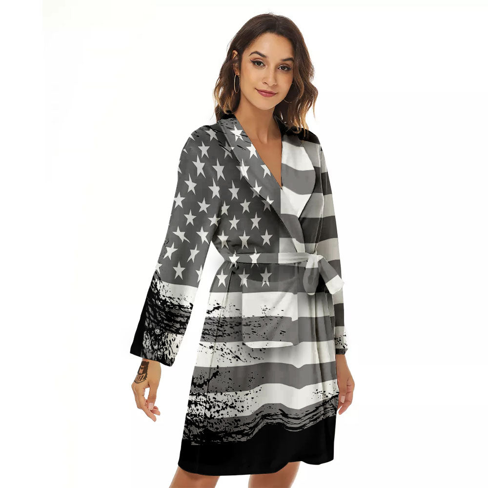 American Flag Grey Grunge Print Women's Robe-grizzshop