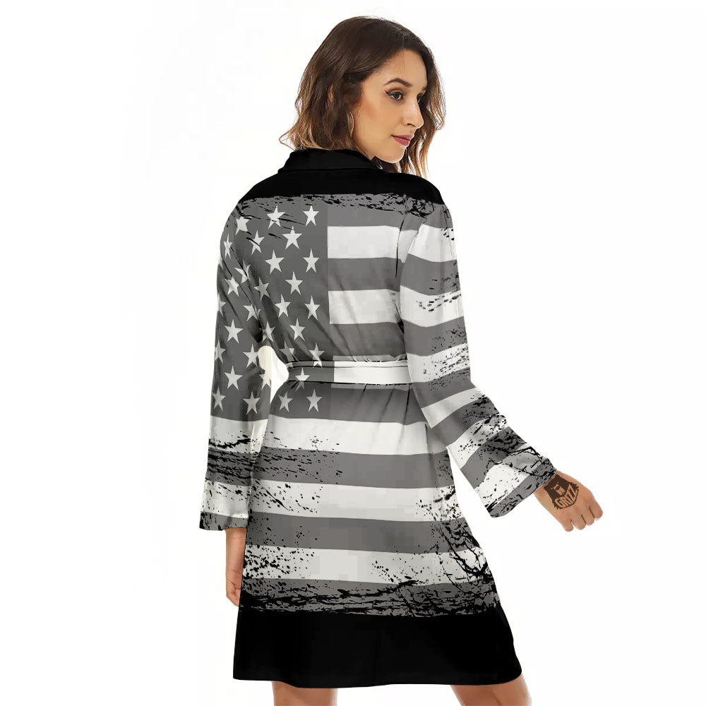 American Flag Grey Grunge Print Women's Robe-grizzshop