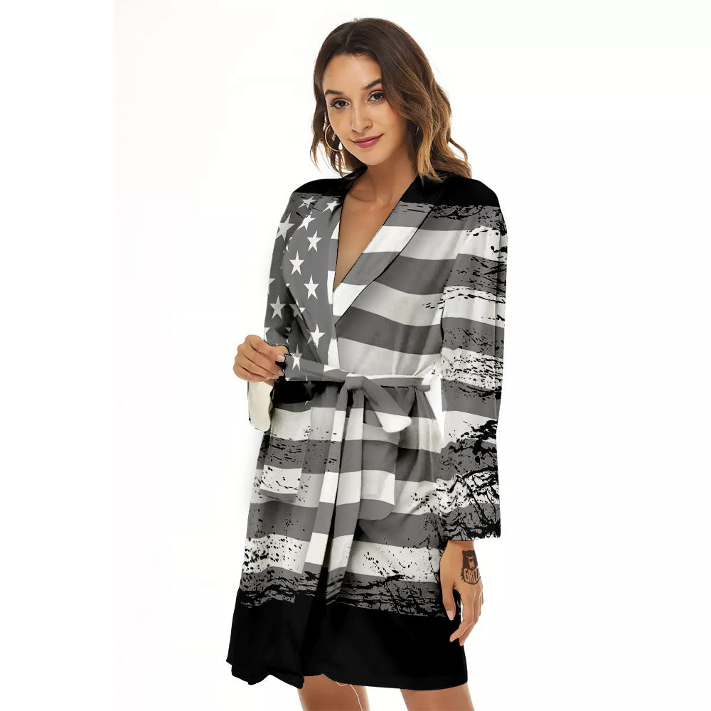 American Flag Grey Grunge Print Women's Robe-grizzshop