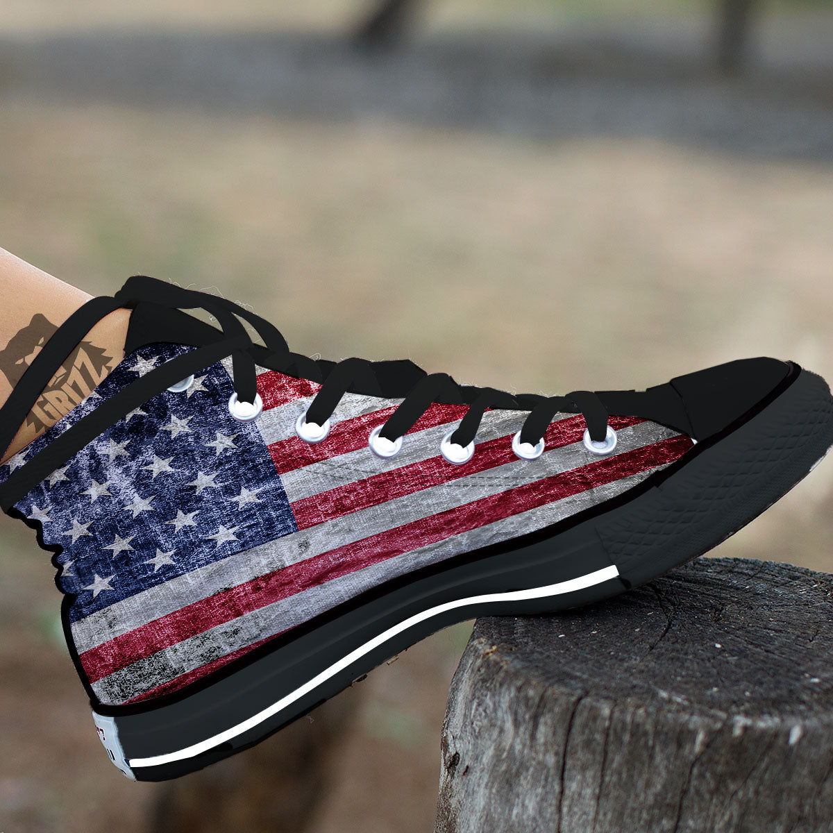 American Flag Grunge Print Black High Top Shoes-grizzshop