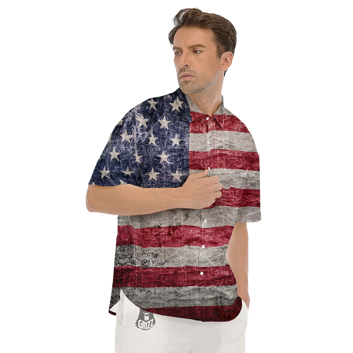 American Flag Grunge Print Men's Short Sleeve Shirts-grizzshop