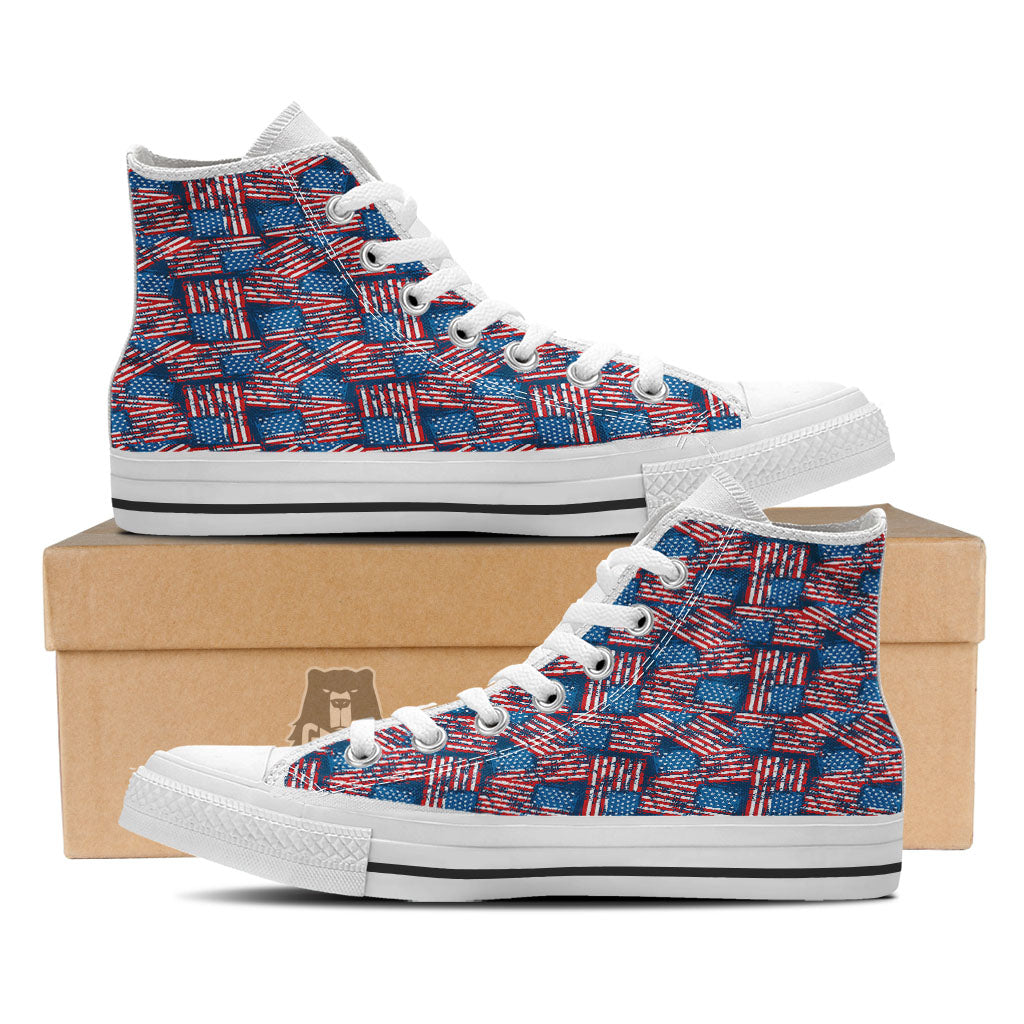 American Flag Grunge Print Pattern White High Top Shoes-grizzshop