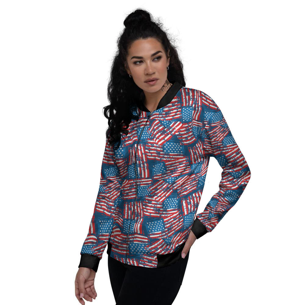 American Flag Grunge Print Pattern Women's Bomber Jacket-grizzshop