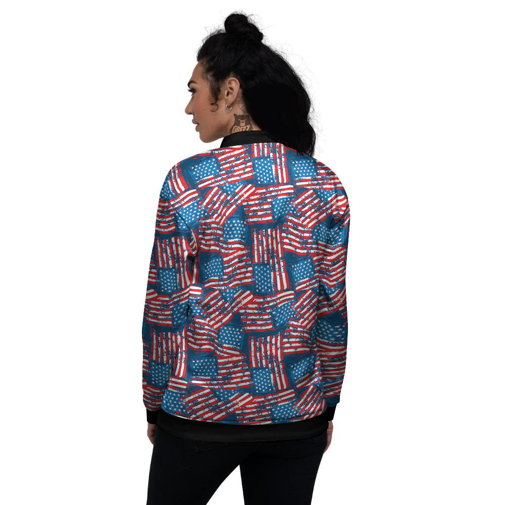 American Flag Grunge Print Pattern Women's Bomber Jacket-grizzshop