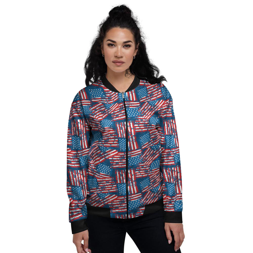 American Flag Grunge Print Pattern Women's Bomber Jacket-grizzshop