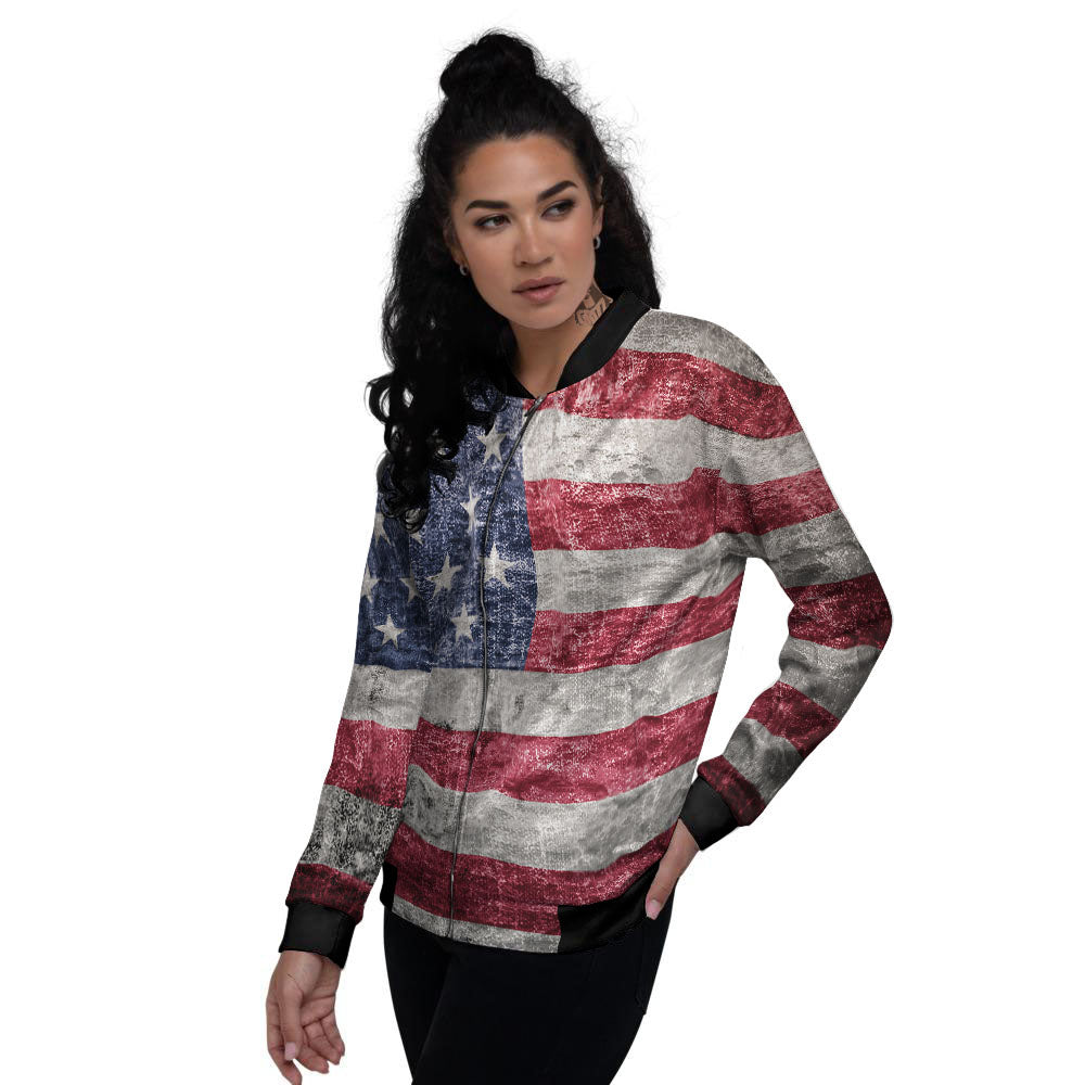 American Flag Grunge Print Women's Bomber Jacket-grizzshop