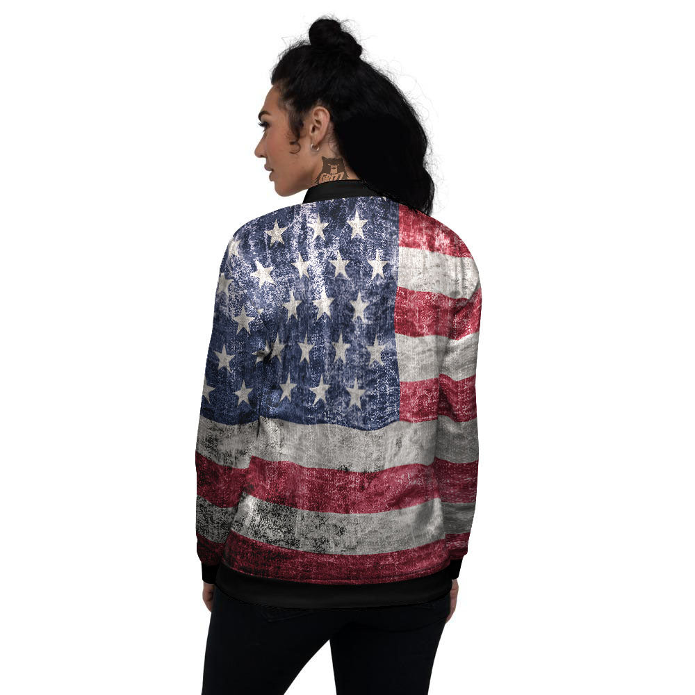 American Flag Grunge Print Women's Bomber Jacket-grizzshop