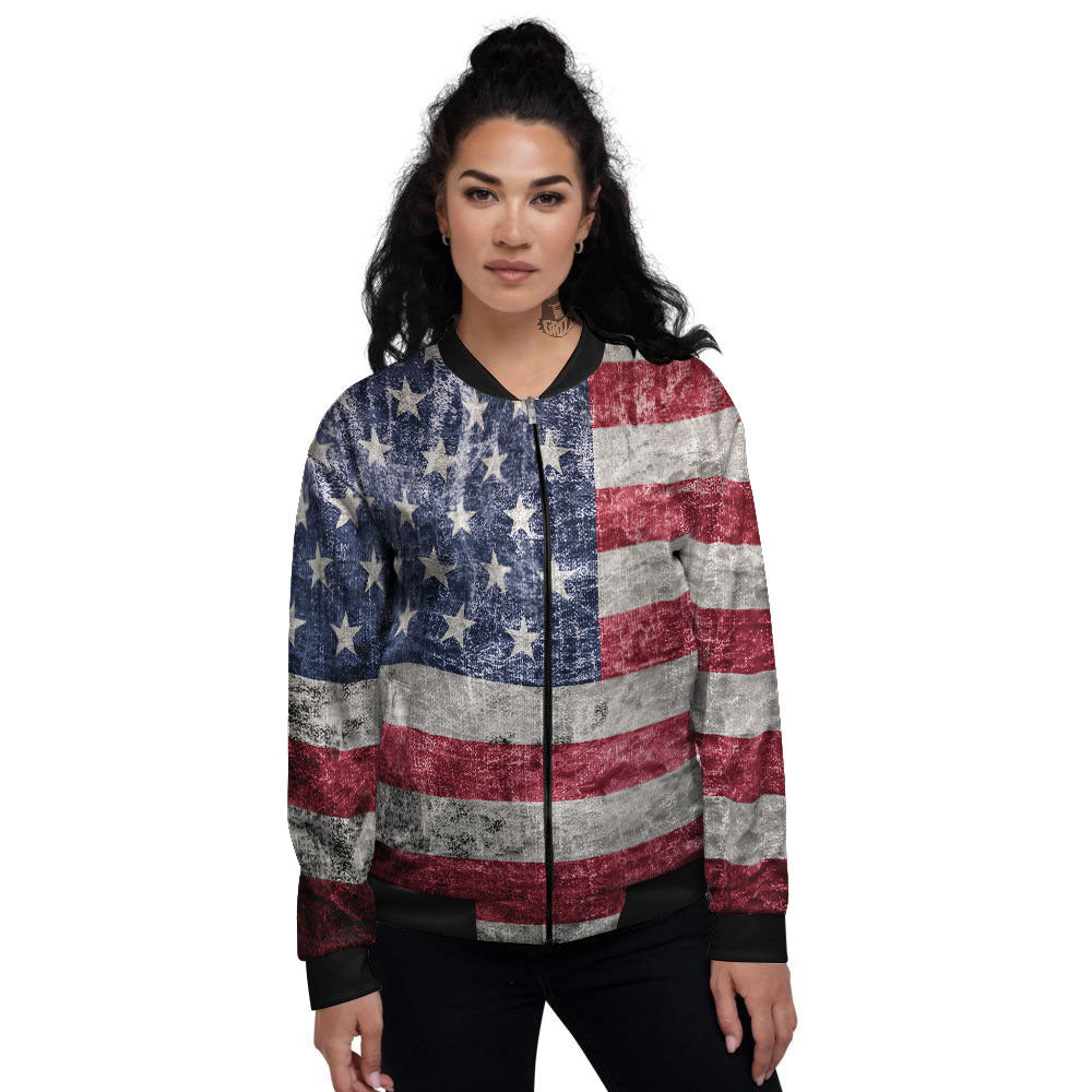 American Flag Grunge Print Women's Bomber Jacket-grizzshop